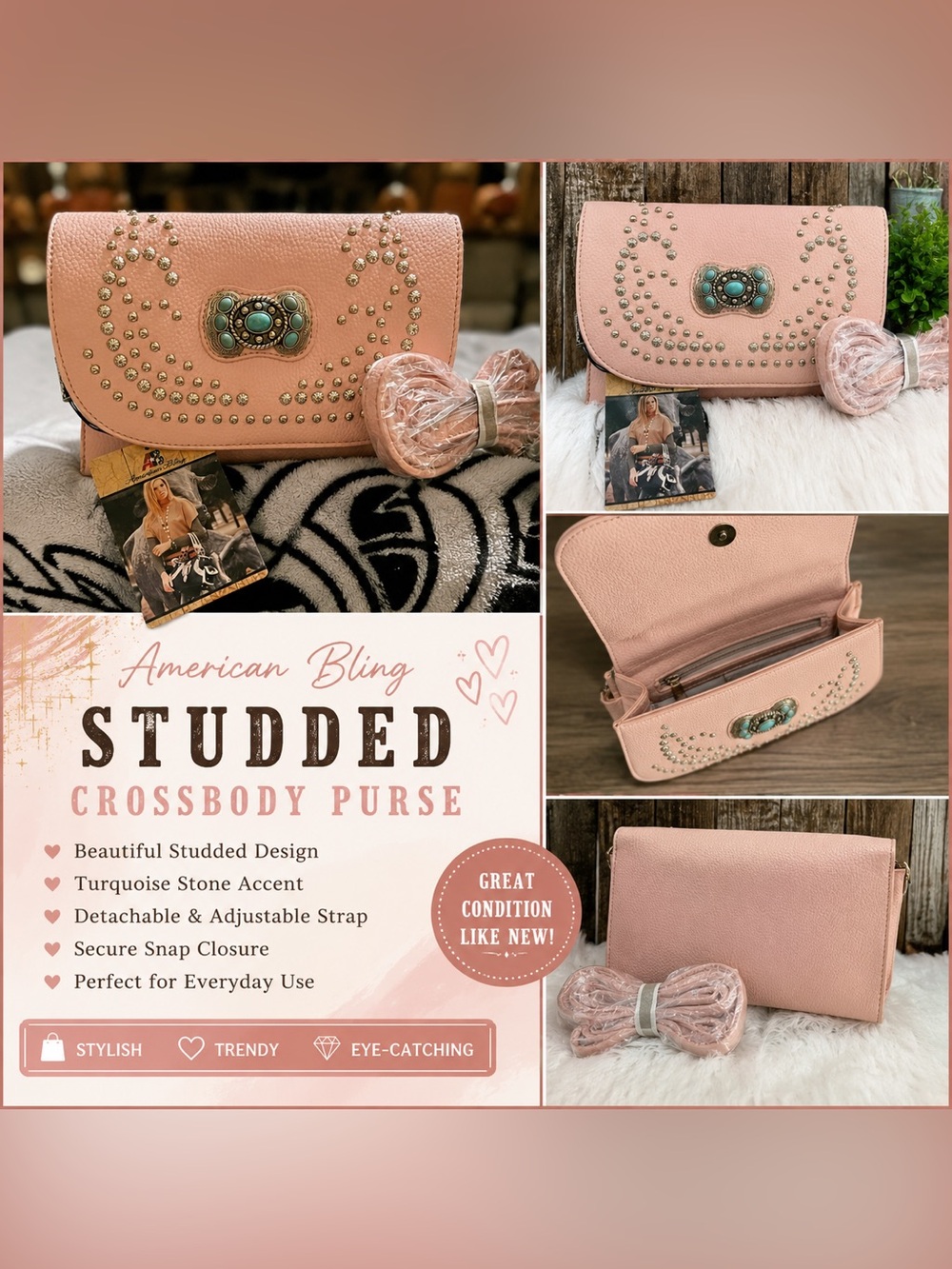 American Living Pink Studded Crossbody with Turquoise Stone Accent